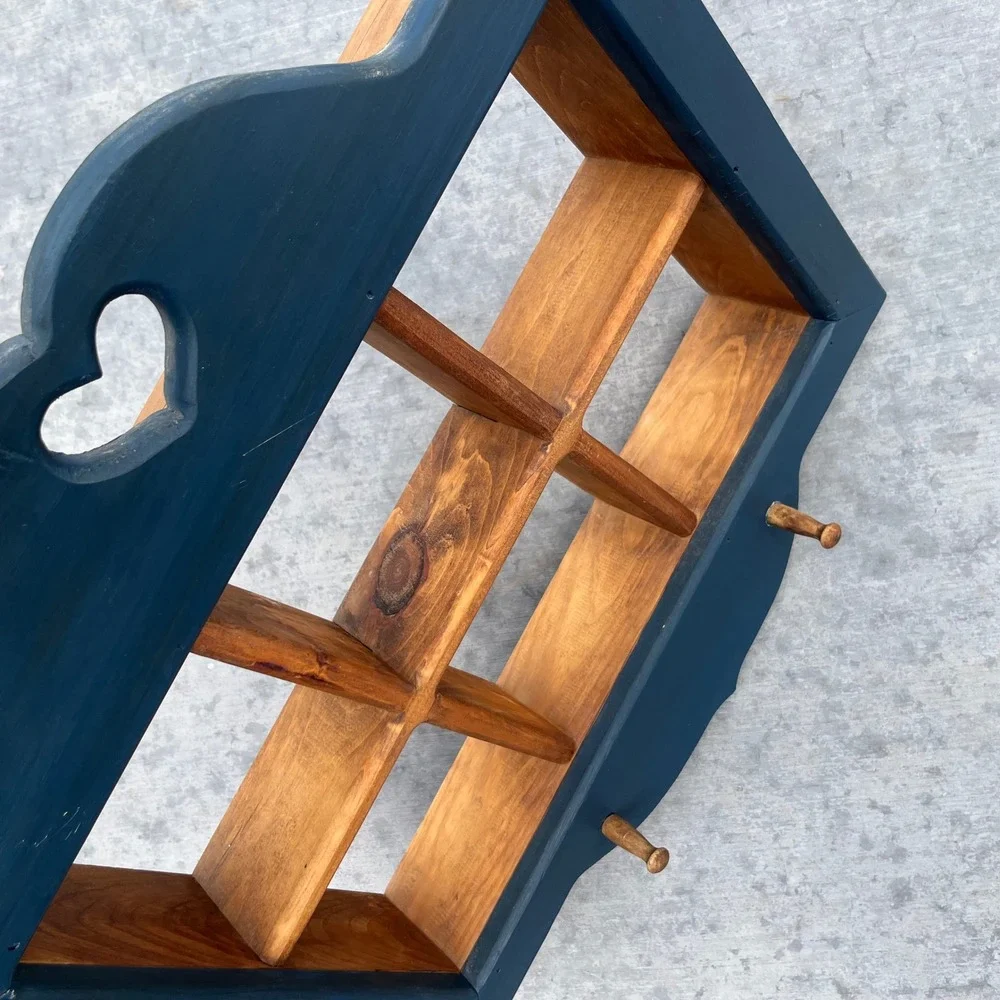 Vintage Wooden Shadow Box Wall Shelf Heart Cutout Navy Blue 6 Cubby 2 Pegs